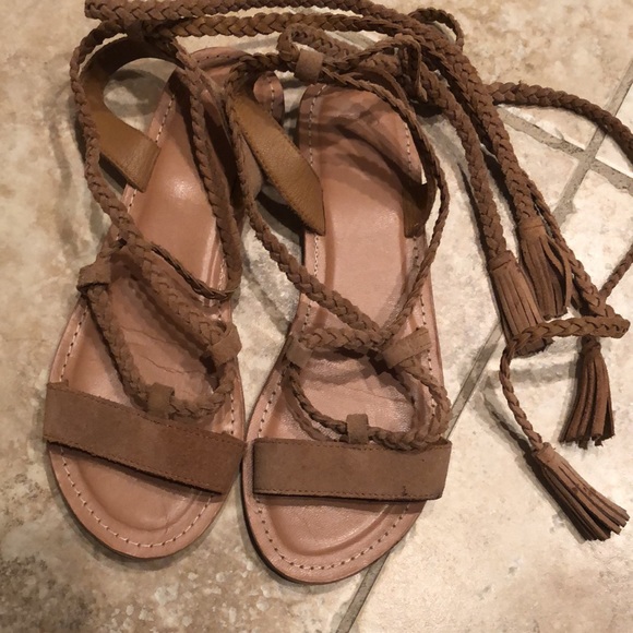 ASOS gladiator beige sandals suede leather laces tied up tan braided ties - Picture 4 of 10